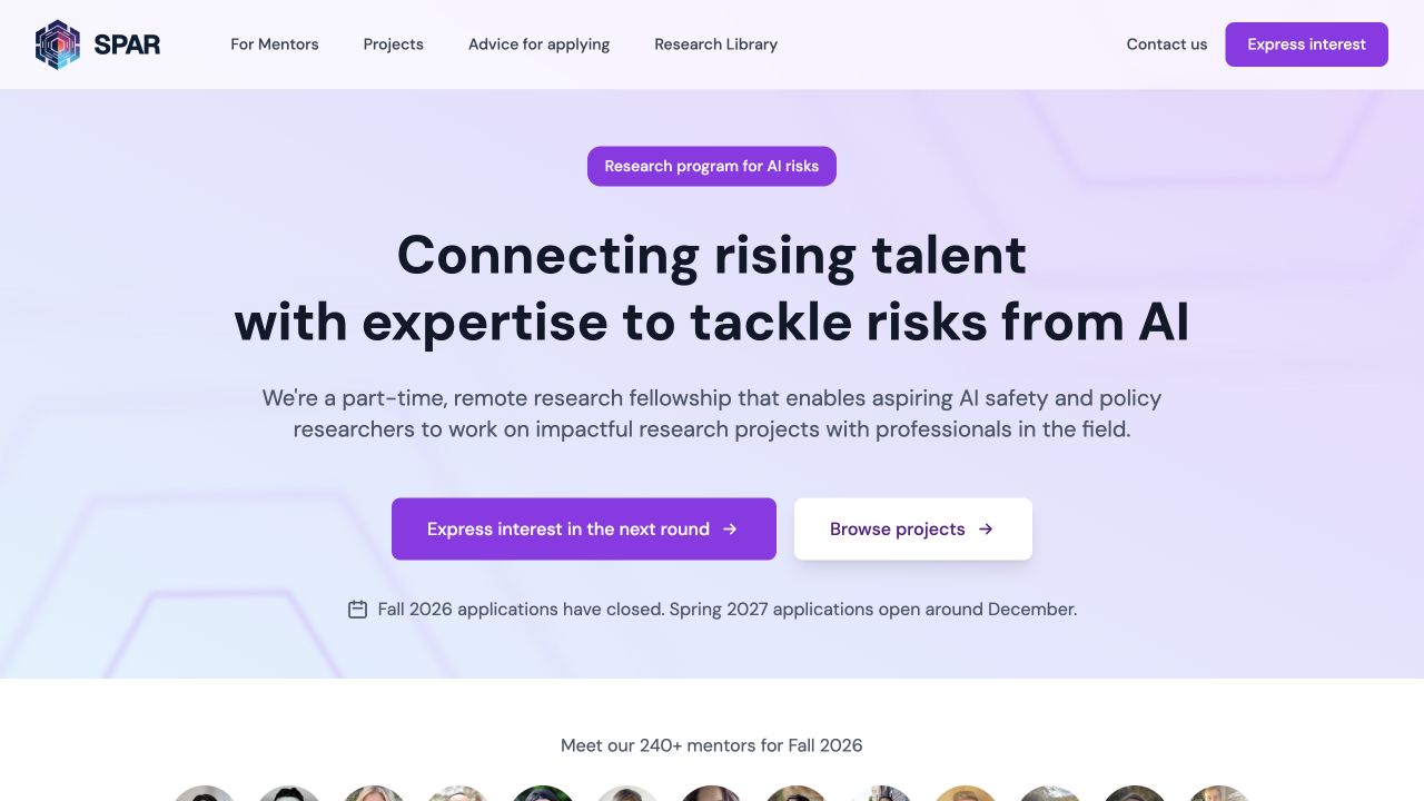 SPAR homepage: Connecting rising talent with expertise to tackle risks from AI