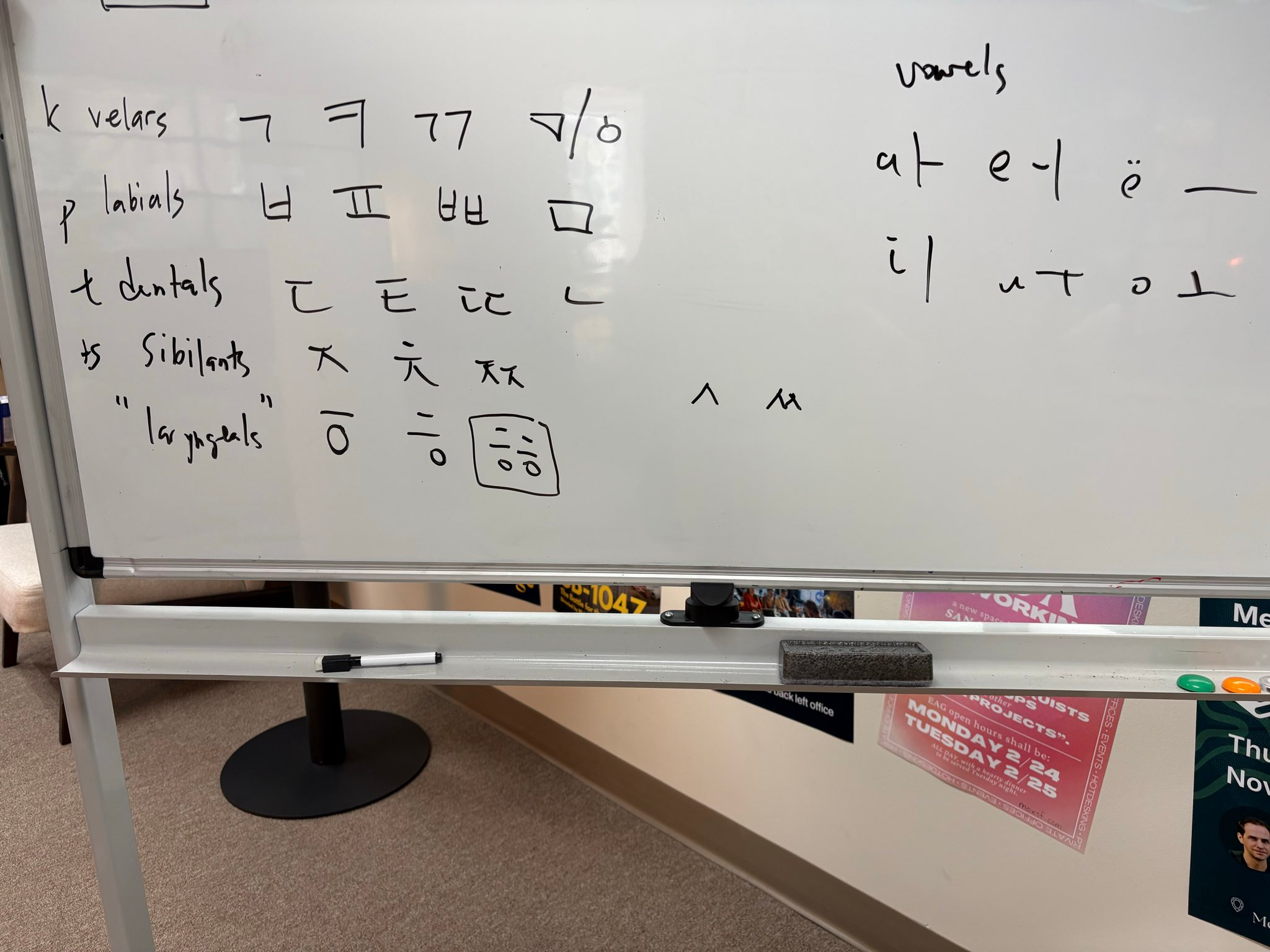 Hangul consonants and vowels sketched on a whiteboard